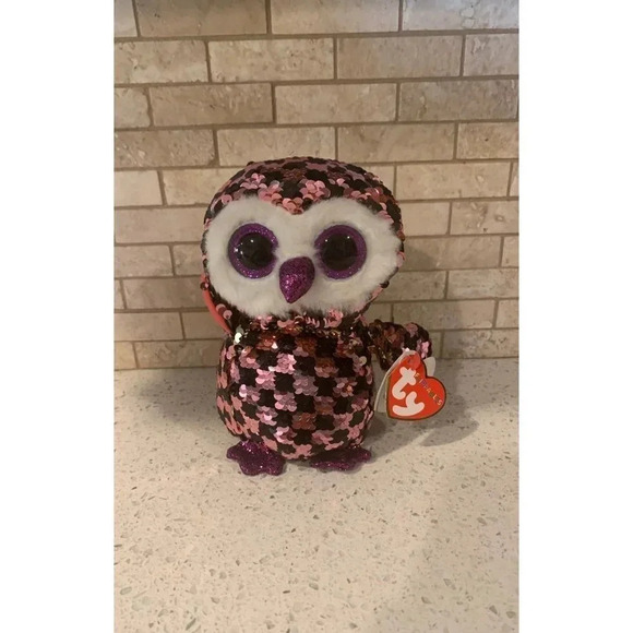 Ty Flippables Sequin Owl Checks Checkered pink and black - B18 - Picture 1 of 6